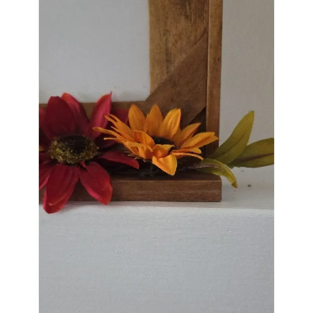 Rustic Wooden Photo Frame with Red & Orange Sunflowers -